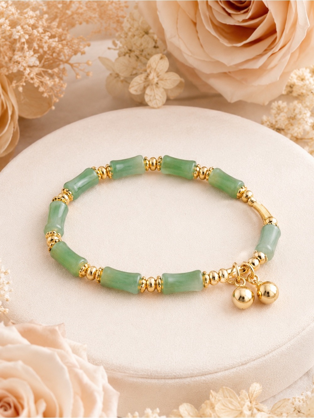 Gold and Green Bead Bracelet with Dangling Charms - Women Jewelry